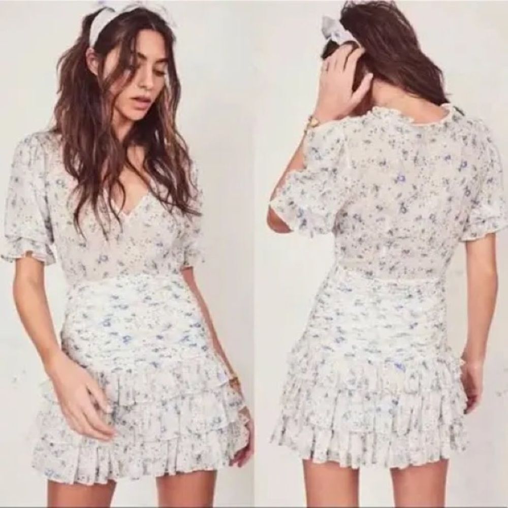 LoveShackFancy Woman’s Ivory Silk Hannah Dress Blue/Pink Floral Print. Size 8. - Picture 3 of 14